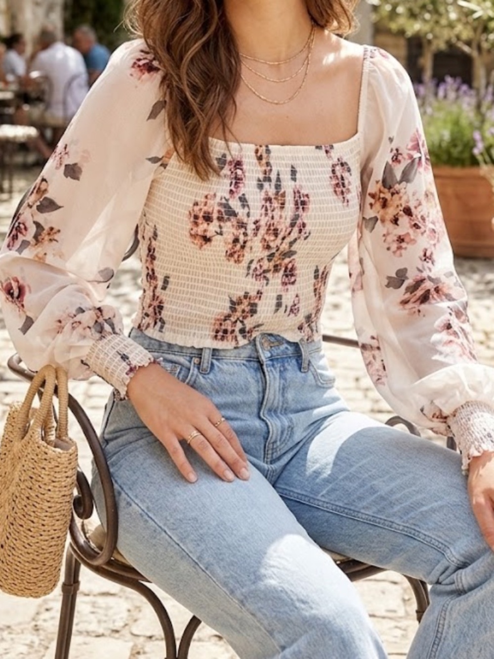 Dynamite Floral Smocked Blouse | Sheer Balloon Sleeve Top - Size Small